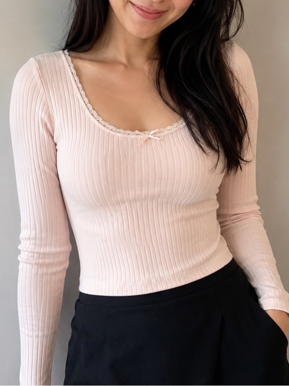 H&M Pale Pink Ribbed Long-Sleeve Scoop Neck Top